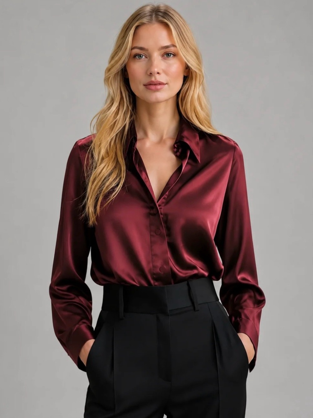 APPLESEED’S Satin-Feel Blouse, Elegant
Silky Drape, burgundy